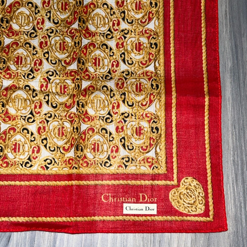 Vintage Christian Dior Red & Gold Cotton Handkerchief - Picture 4 of 11